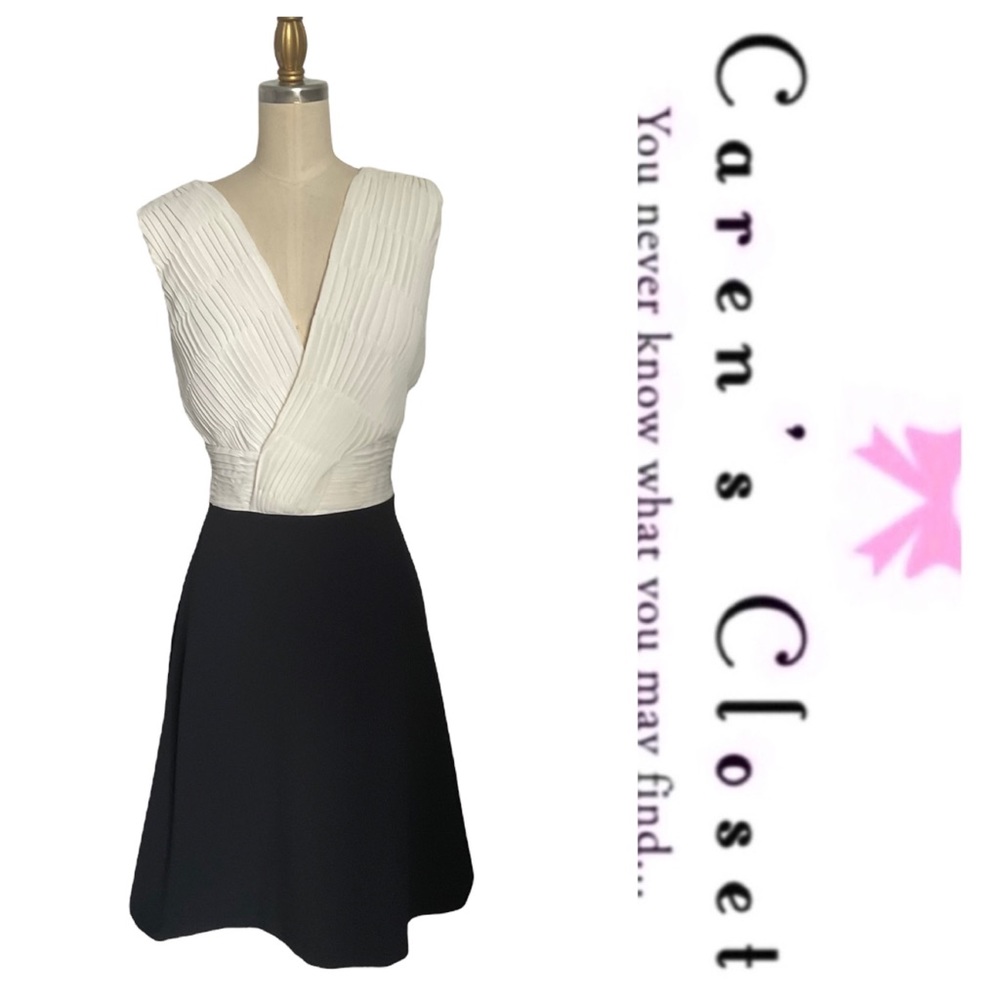 DKNY Black & White Chiffon Stretch Knit Cocktail Skater Fit & Flare Dress - Picture 13 of 16